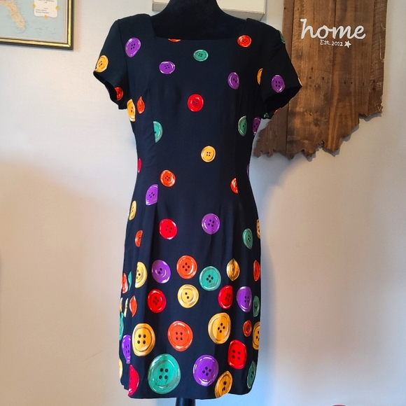 Jessica Howard Dresses & Skirts - VTG Jessica Howard USA Colorful Rainbow Button Print AOP Black Dress Womens 14